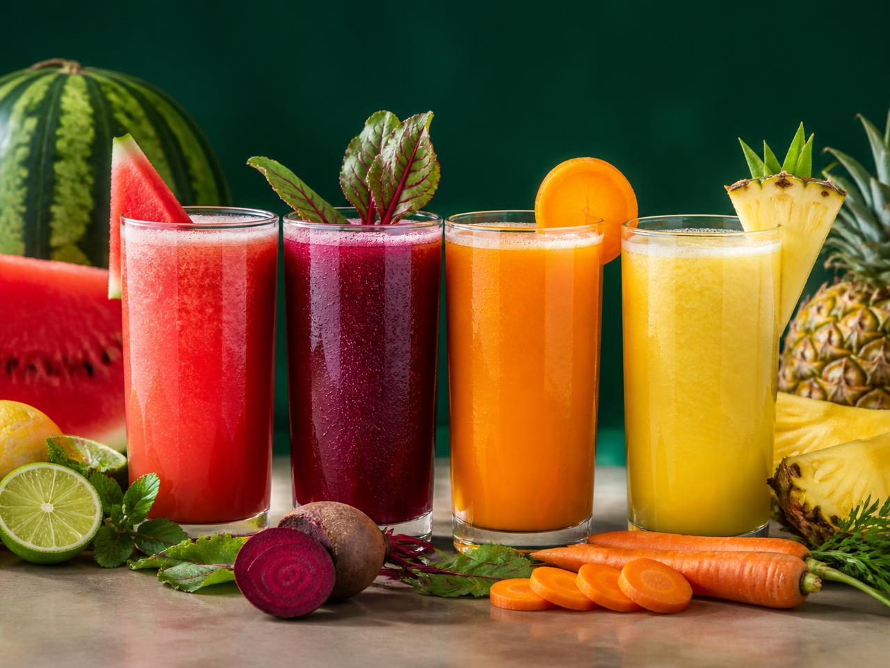 Colourful fresh juices in tall glasses with watermelon, beetroot, carrot and pineapple